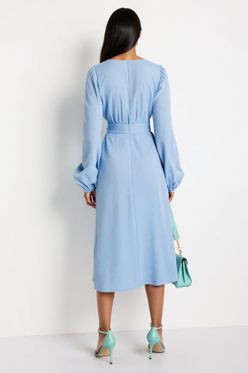 Blue V-Neck A Line Work Dress with Long Sleeves
